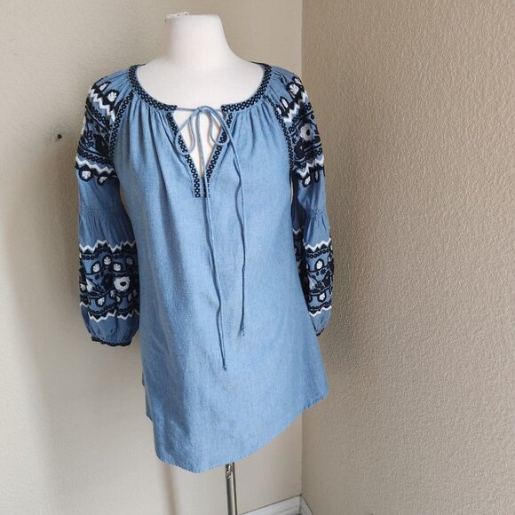 Ivy Jane Boho Dress XS Embroidered Puff Sleeve Chambray Relaxed‎ Southwestern - Picture 2 of 12